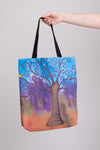 Local Canadian artist blue tree print tote bag.