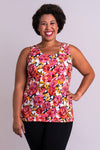 Women's plus size pink and yellow flowers print sleeveless tank top.