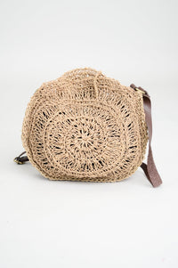 Brown Leather Handle Circle Rattan Purse, Large