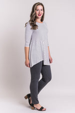 Women's black and white plus-size striped 3/4 sleeve tunic dress. Made with sustainable and fair-trade natural fibers.