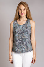 Women's grey floral print sleeveless muscle tank top with wide shoulder straps and scoop neck, made from natural bamboo fibers.