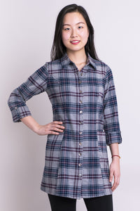 Women's blue grey flannel bamboo cotton button-up tunic dress shirt with pockets and collar, made with natural fibers.