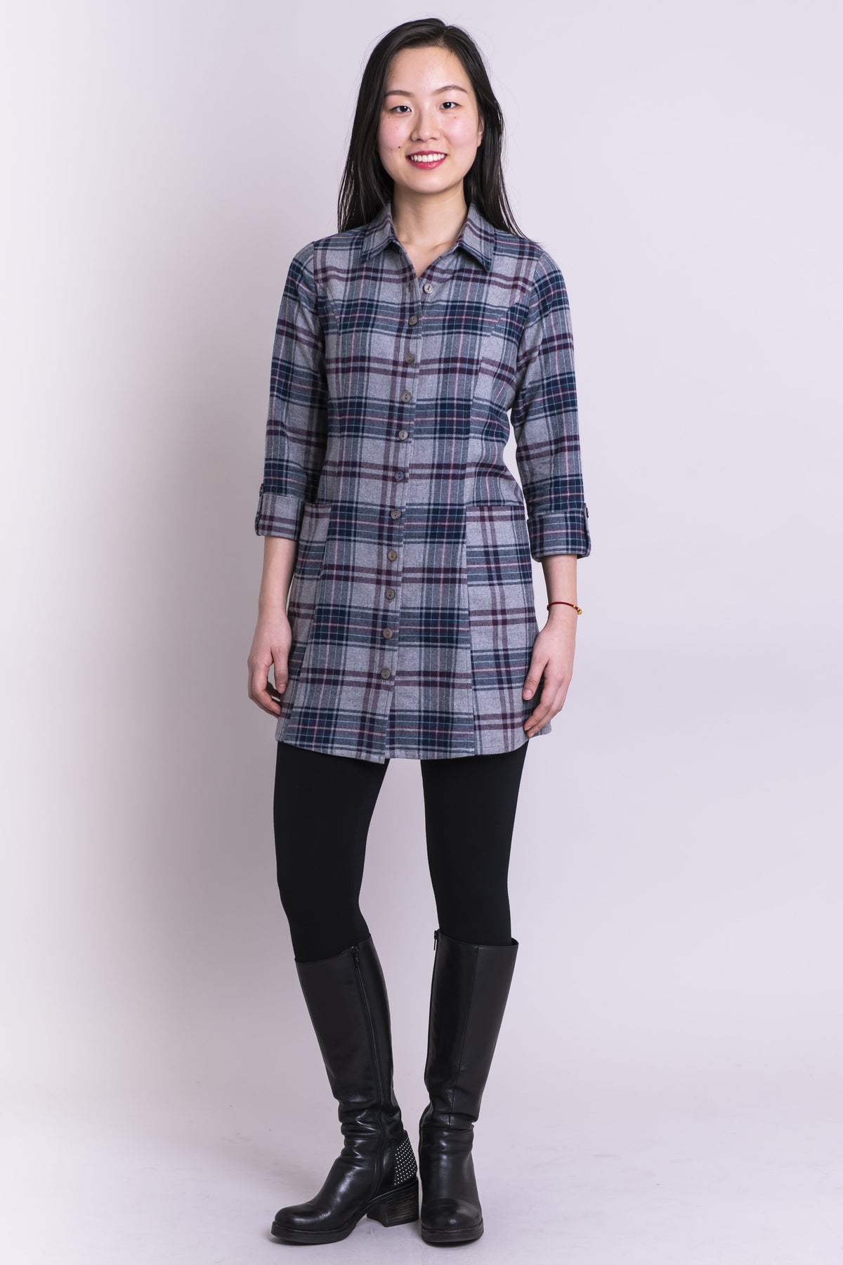 Larissa Tunic, Grey/Indigo Tartan, Cotton Flannel - Blue Sky Clothing Co