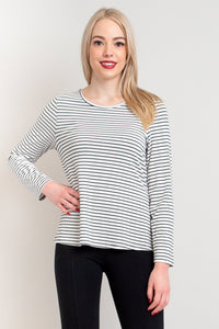 Women's casual, black and white stripe long-sleeve shirt with round neckline, made of natural bamboo fibers.