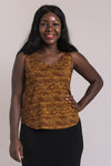 Women's gold cheetah print short bodice sweetheart neckline tank top shirt with wide shoulder straps.