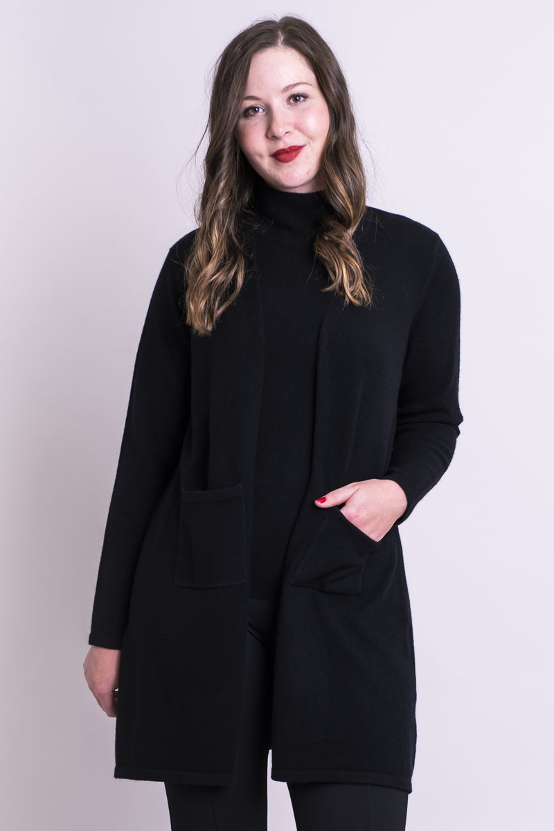 Women's black warm and cozy long sleeve open front cardigan sweater, made with natural wool and cashmere.