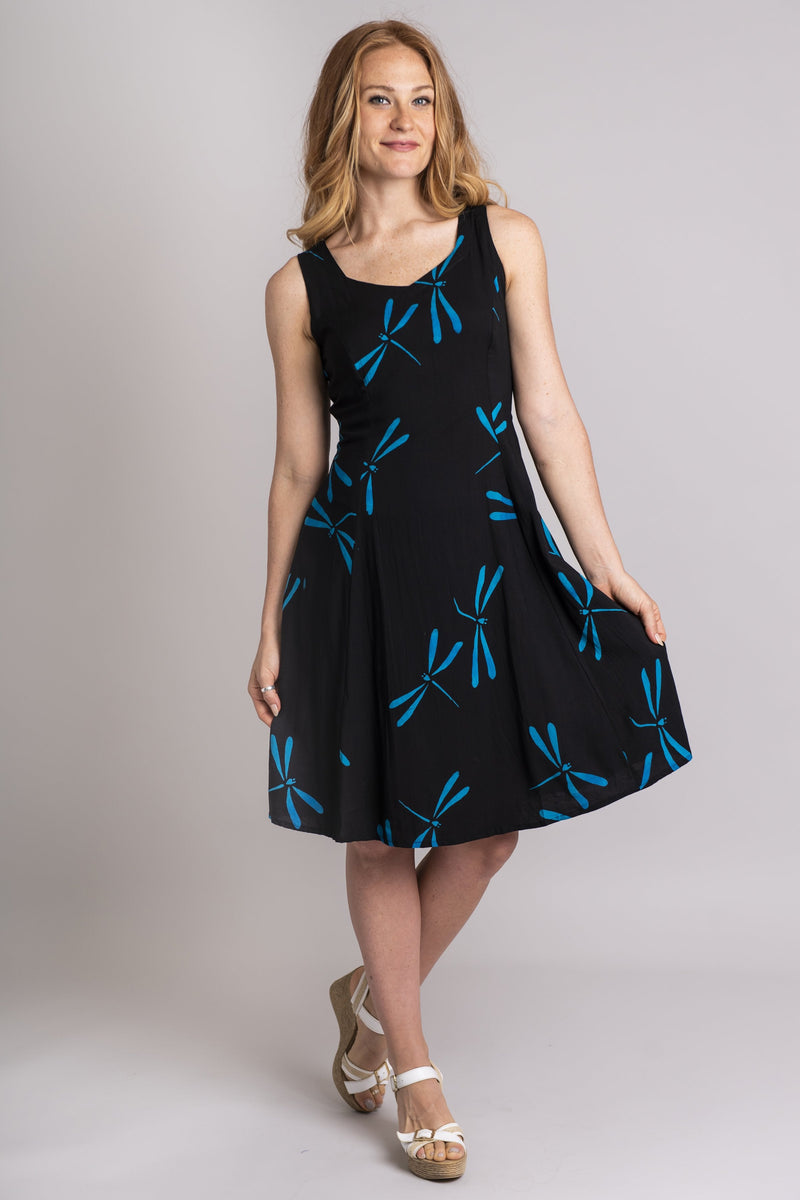 Women's blue dragonfly print knee-length sleeveless dress with sweetheart neckline and pockets.